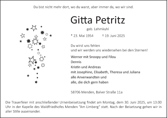 Traueranzeige von Gitta Petritz von Tageszeitung