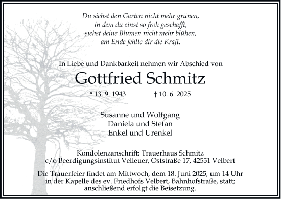 Traueranzeige von Gottfried Schmitz von Tageszeitung