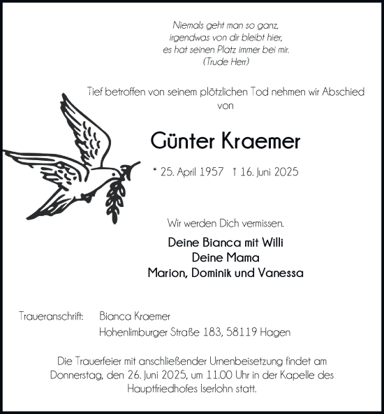 Traueranzeige von Günter Kraemer von Tageszeitung