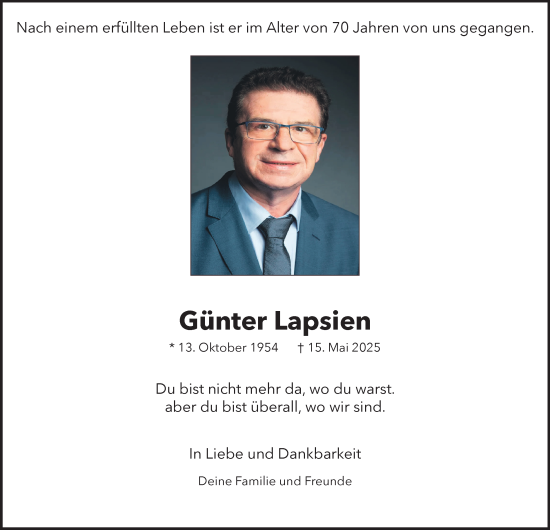 Traueranzeige von Günter Lapsien von Tageszeitung