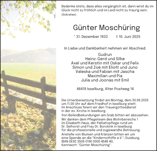 Traueranzeige von Günter Moschüring von Tageszeitung