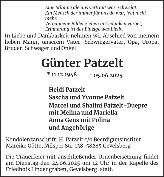 Traueranzeige von Günter Patzelt von Tageszeitung