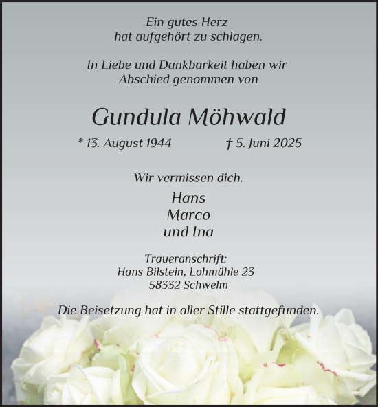 Traueranzeige von Gundula Möhwald von Tageszeitung