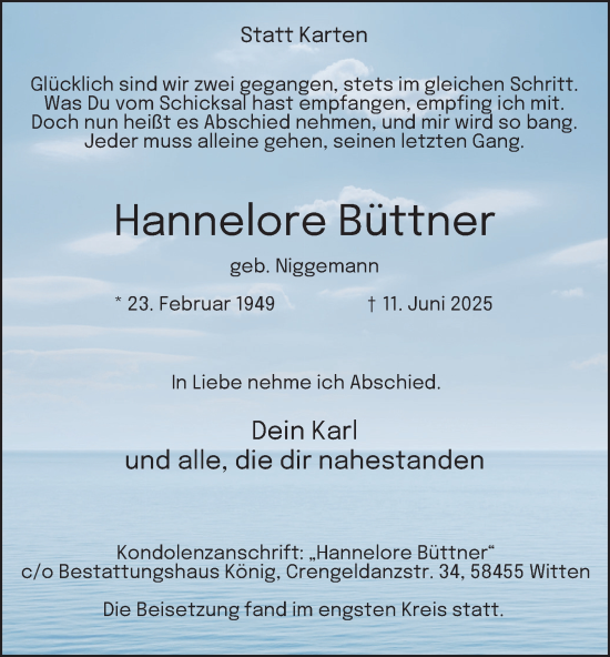 Traueranzeige von Hannelore Büttner von Tageszeitung