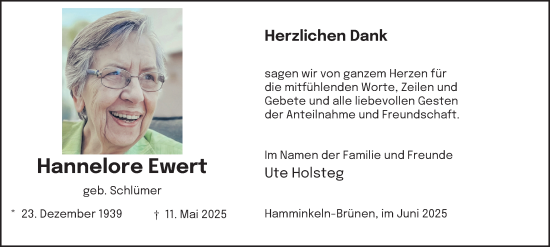 Traueranzeige von Hannelore Ewert von Tageszeitung