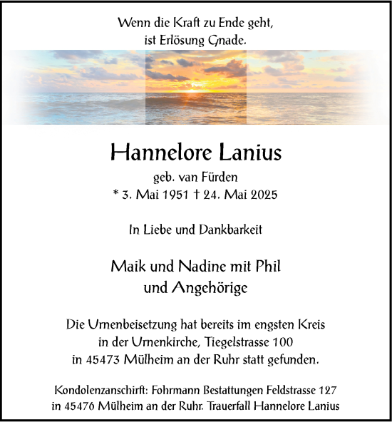 Traueranzeige von Hannelore Lanius von Tageszeitung