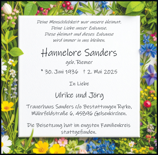 Traueranzeige von Hannelore Sanders von Tageszeitung