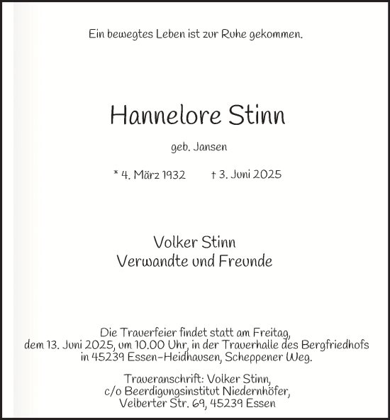 Traueranzeige von Hannelore Stinn von Tageszeitung