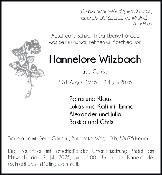 Traueranzeige von Hannelore Wilzbach von Tageszeitung