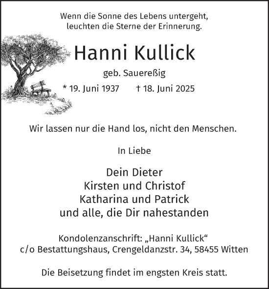 Traueranzeige von Hanni Kullick von Tageszeitung