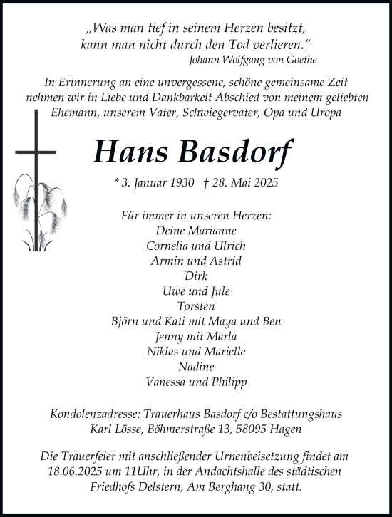 Traueranzeige von Hans Basdorf von Tageszeitung
