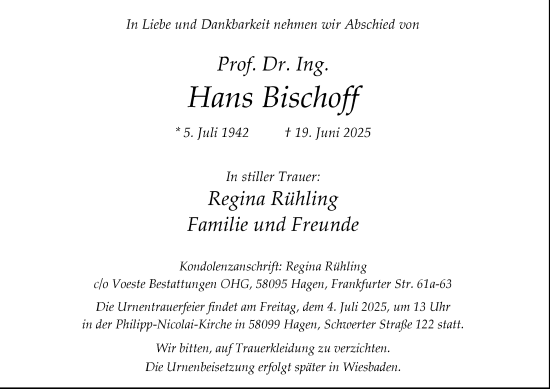 Traueranzeige von Hans Bischoff von Tageszeitung