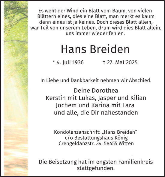Traueranzeige von Hans Breiden von Tageszeitung