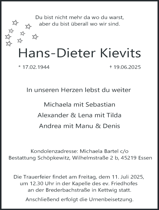 Traueranzeige von Hans-Dieter Kievits von Tageszeitung