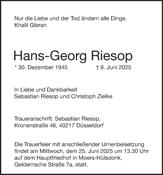 Traueranzeige von Hans-Georg Riesop von Tageszeitung