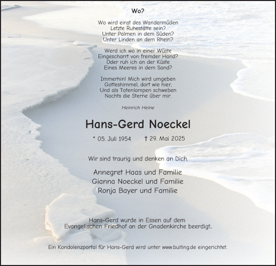 Traueranzeige von Hans-Gerd Noeckel von Tageszeitung