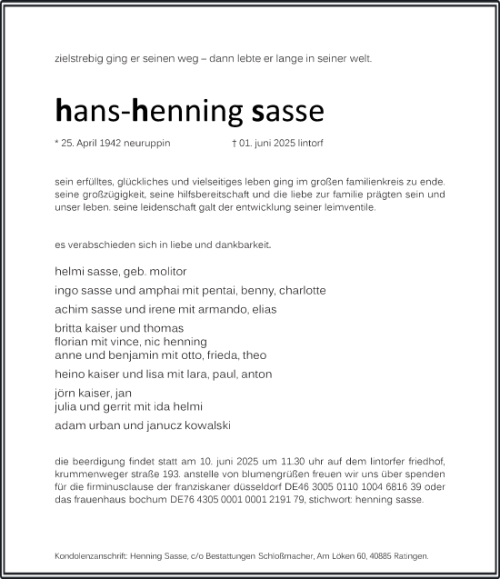 Traueranzeige von Hans-Henning Sasse von Tageszeitung