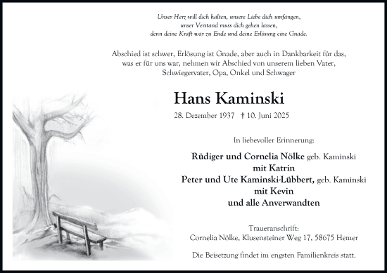 Traueranzeige von Hans Kaminski von Tageszeitung