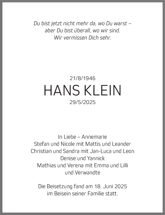 Traueranzeige von Hans Klein von Tageszeitung