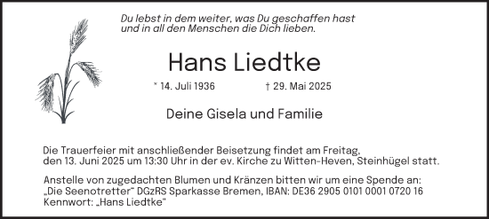 Traueranzeige von Hans Liedtke von Tageszeitung