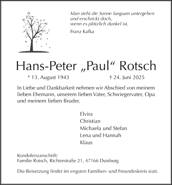Traueranzeige von Hans-Peter Rotsch von Tageszeitung