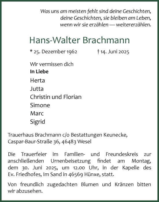Traueranzeige von Hans-Walter Brachmann von Tageszeitung
