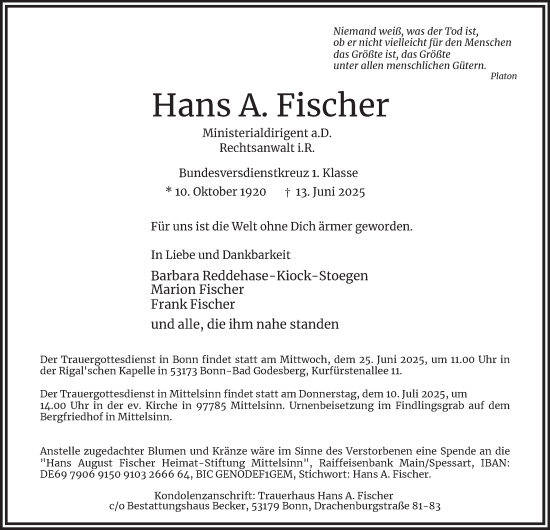 Traueranzeige von Hans A. Fischer von Tageszeitung