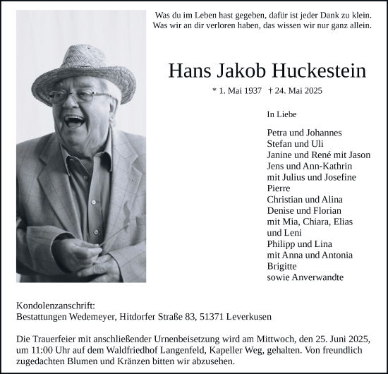 Traueranzeige von Hans Jakob Huckestein von Tageszeitung