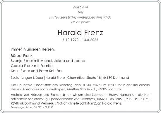 Traueranzeige von Harald Frenz von Tageszeitung