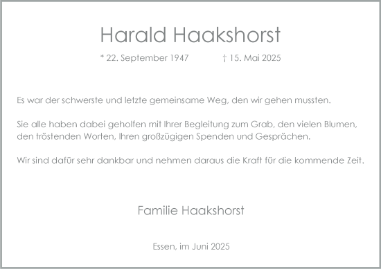 Traueranzeige von Harald Haakshorst von Tageszeitung