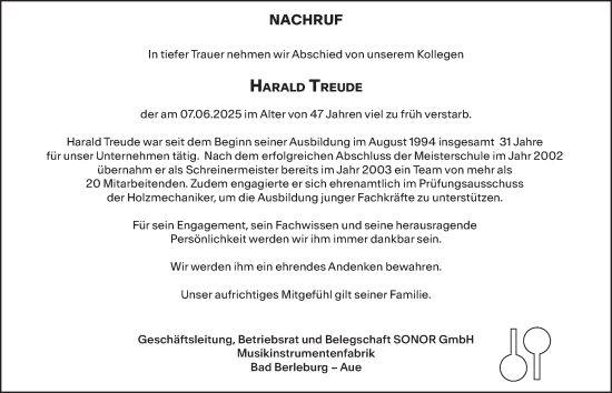Traueranzeige von Harald Treude von Tageszeitung