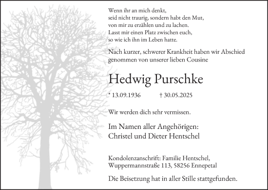 Traueranzeige von Hedwig Purschke von Tageszeitung