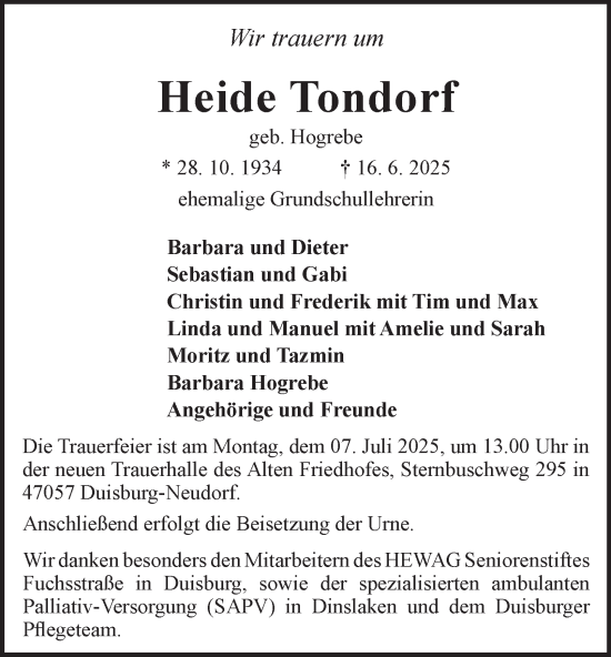 Traueranzeige von Heide Tondorf von Tageszeitung