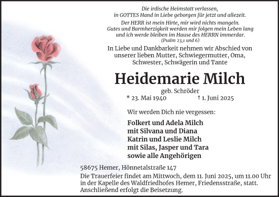 Traueranzeige von Heidemarie Milch von Tageszeitung