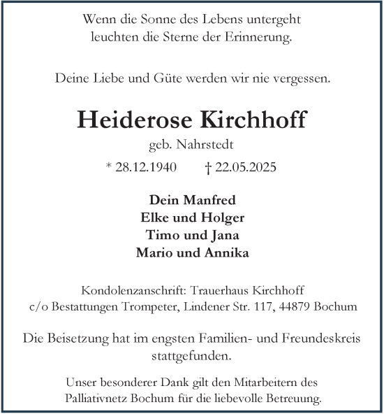 Traueranzeige von Heiderose Kirchhoff von Tageszeitung