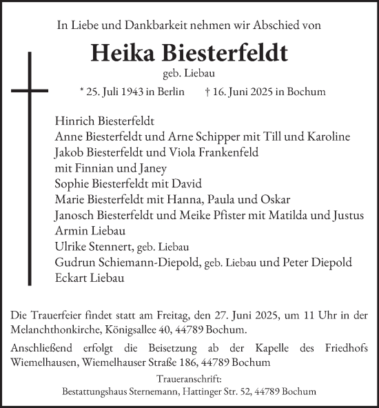 Traueranzeige von Heika Biesterfeldt von Tageszeitung