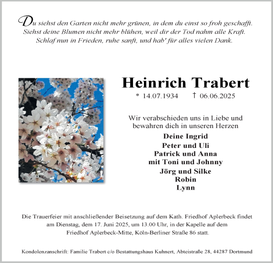 Traueranzeige von Heinrich Trabert von Tageszeitung