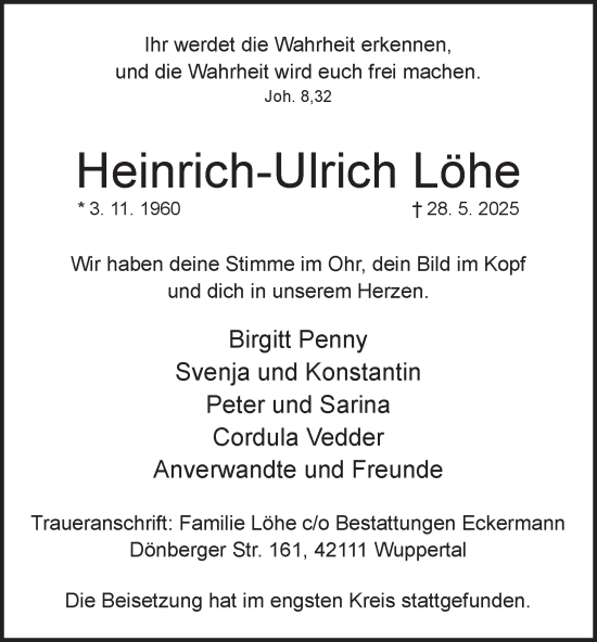 Traueranzeige von Heinrich-Ulrich Löhe von Tageszeitung