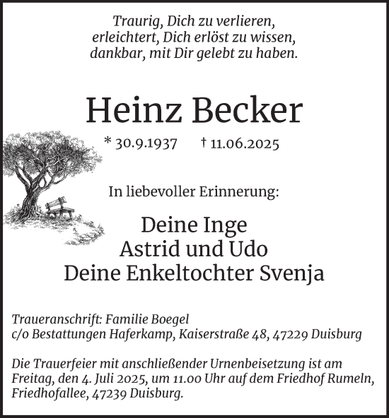 Traueranzeige von Heinz Becker von Tageszeitung