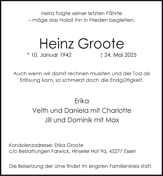 Traueranzeige von Heinz Groote von Tageszeitung