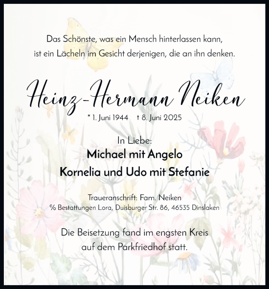 Traueranzeige von Heinz-Hermann Neiken von Tageszeitung