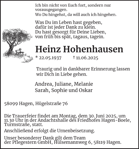 Traueranzeige von Heinz Hohenhausen von Tageszeitung