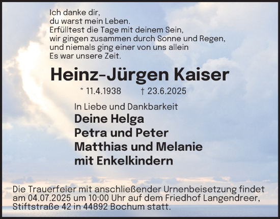 Traueranzeige von Heinz-Jürgen Kaiser von Tageszeitung