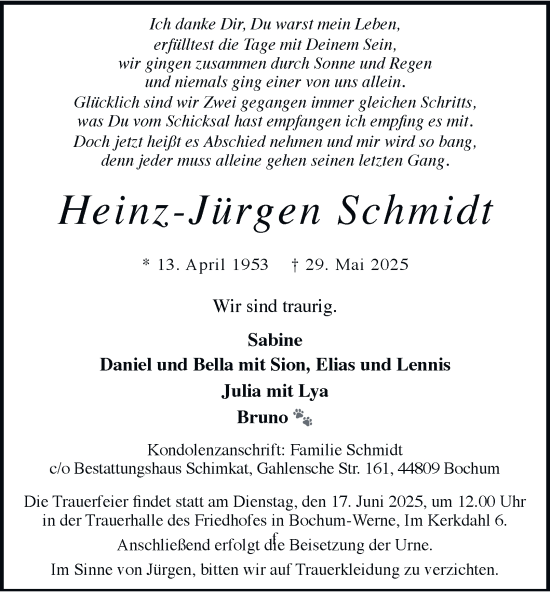 Traueranzeige von Heinz-Jürgen Schmidt von Tageszeitung
