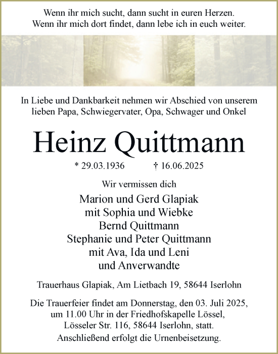 Traueranzeige von Heinz Quittmann von Tageszeitung