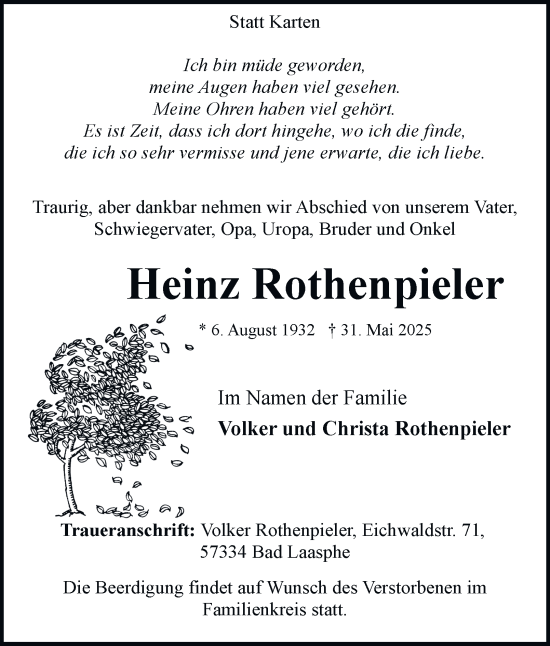 Traueranzeige von Heinz Rothenpieler von Tageszeitung
