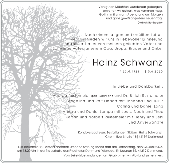 Traueranzeige von Heinz Schwanz von Tageszeitung