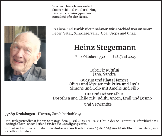 Traueranzeige von Heinz Stegemann von Tageszeitung