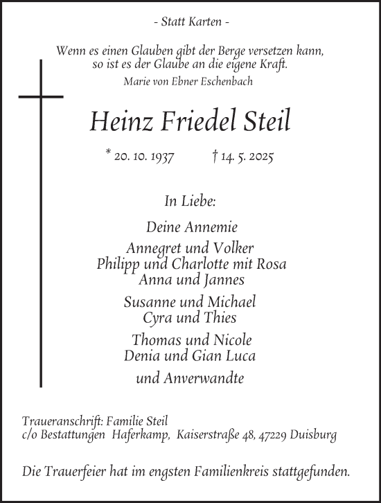 Traueranzeige von Heinz Friedel Steil von Tageszeitung
