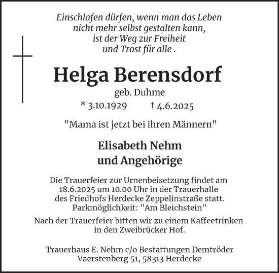 Traueranzeige von Helga Berensdorf von Tageszeitung